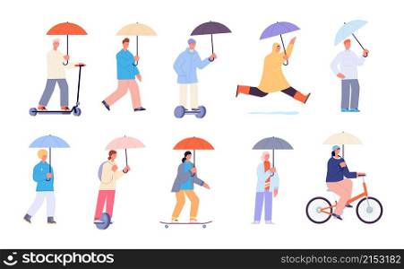 Rainy day characters. Raincoat and umbrella for people. Worker on bike, cute persons hold umbrellas. Autumn weather outdoor walk vector set. Illustration character with umbrella and cloak under rain. Rainy day characters. Raincoat and umbrella for people. Worker on bike, cute persons hold umbrellas. Autumn weather outdoor walk utter vector set