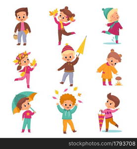 Rainy day children. Kids in warm autumn outdoor clothes, cute boys and girls with umbrellas and yellow leaves, season activities, collect mushrooms, walking on puddles vector cartoon flat isolated set. Rainy day children. Kids in warm autumn outdoor clothes, cute boys and girls with umbrellas and yellow leaves, season activities, collect mushrooms, walking on puddles vector cartoon set
