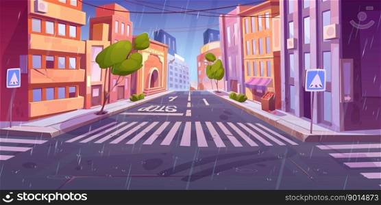 Rainy day in modern city downtown. Vector cartoon illustration of empty urban street with shop, museum and apartment buildings, business center, traffic signs at crossroads, trees and puddles on road. Rainy day in modern city