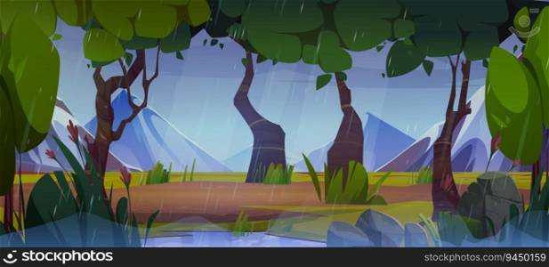 Rainy day in mountain forest. Vector cartoon illustration of old wood in valley, rainfall pouring from gloomy cloudy sky, water puddles in wet green grass. Natural landscape. Travel game background. Rainy day in mountain forest