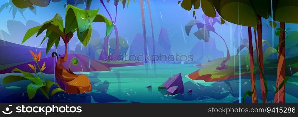 Rainy day in tropical forest. Vector cartoon illustration of jungle landscape with river or lake, exotic flowers and palm trees, stones in water, raindrops falling from cloudy sky, flooded island. Rainy day in tropical forest