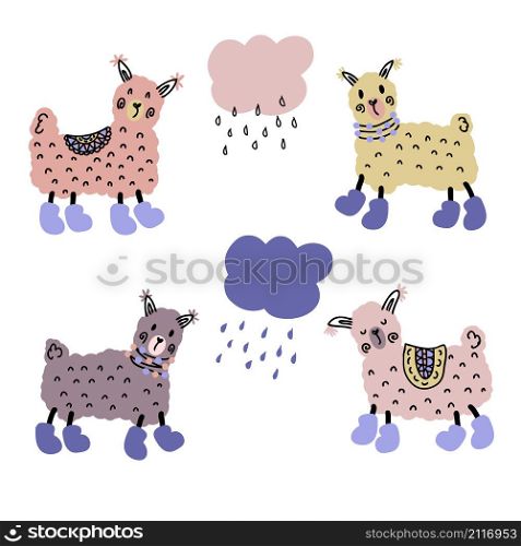 Rainy lamas in boots doodle collection. Perfect for poster, stickers and print. Hand drawn vector illustration for decor and design.
