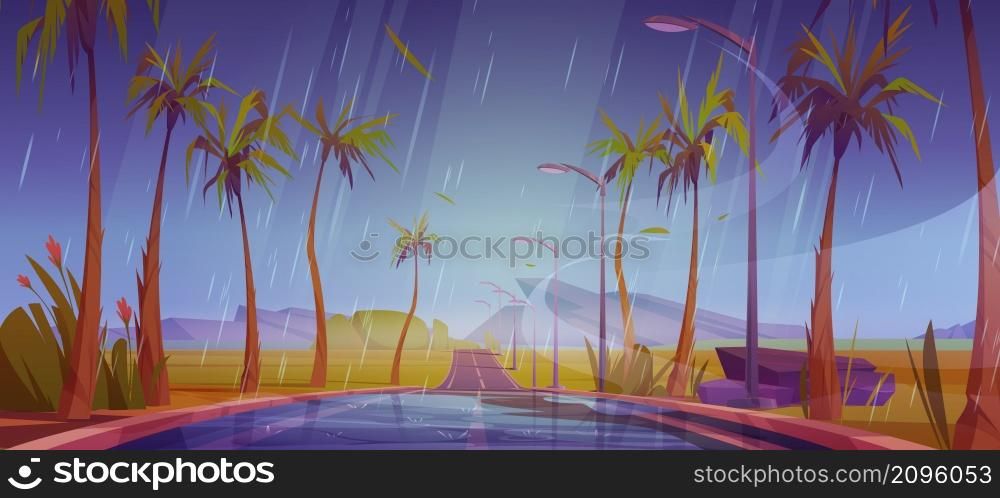 Rainy landscape road with palm trees by sides going into the distance perspective view. Rain, beautiful tropical nature with empty wet highway, dull sky and rocks in far, Cartoon vector illustration. Rainy landscape road with palm trees by sides