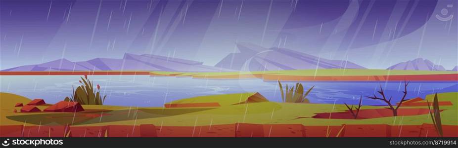 Rainy landscape with lake and mountains, cartoon illustration. Vector design of gloomy weather. Water dropping from grey sky on river surface, green grass, rocky hills on horizon. Natural background. Rainy landscape with cartoon lake and mountains