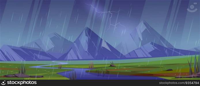Rainy mountain valley landscape with river. Vector cartoon illustration of rainfall drops falling on green grass, lightning bolt in dull cloudy sky, stormy weather, water flowing from rocky range. Rainy mountain valley landscape with river