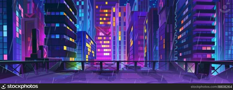 Rainy night cityscape with neon lights. Rooftop view of rainfall in modern big city, colorful skyscrapers glowing in darkness. Urban architecture, neon lights illumination. Cartoon vector illustration. Rainy night cityscape with neon lights