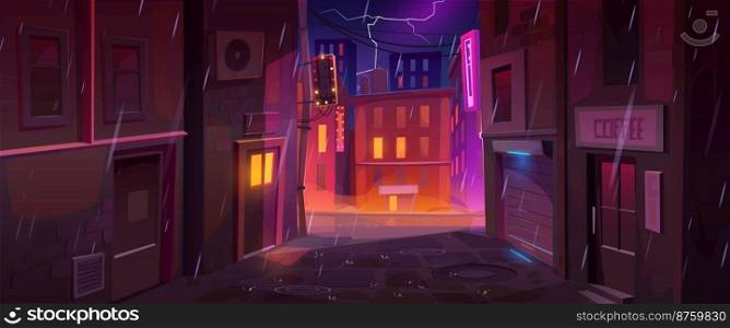 Rainy night in big city. Cartoon vector illustration of cityscape with heavy rainfall and lightning in dark sky, closed cafe in empty backstreet, buildings with illuminated windows. Stormy weather. Rainy night in city, cartoon vector illustration