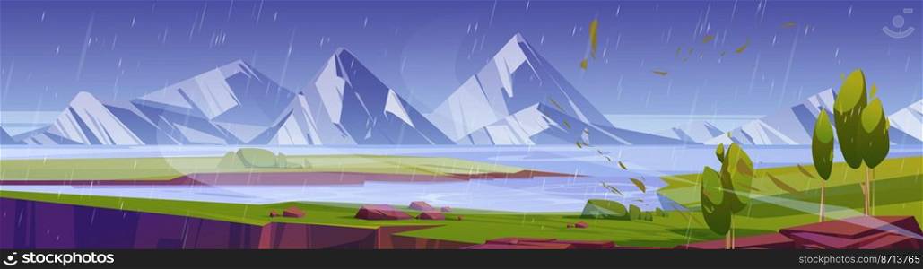 Rainy summer landscape with lake, green fields and mountains. Vector cartoon illustration of nature panorama with river or sea strait with blue water and white rocks on horizon, wet windy day. Rainy summer landscape with lake and mountains