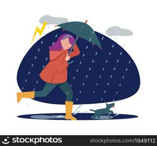 Rainy walking with dog. Girl with umbrella in storm weather, autumn season. Pet holder walk time vector illustration. Girl and dog under umbrella in rainy autumn. Rainy walking with dog. Girl with umbrella in storm weather, autumn season. Pet holder walk time vector illustration
