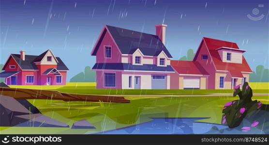Rainy weather in countryside. Cartoon vector illustration of cottage houses in small village or suburb town with green landscape, water puddle, stones, broken tree and blooming bush under dull sky. Rainy weather in countryside, cartoon vector
