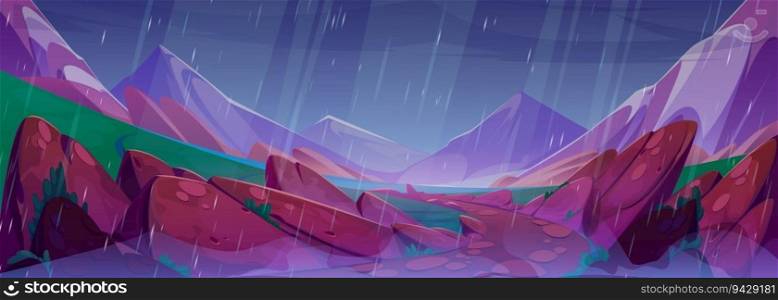 Rainy weather in mountains with valley river. Vector cartoon illustration of rainfall pouring from gloomy cloudy sky, puddles and water streams on stone footpath, wet green grass. Natural landscape. Rainy weather in mountains with valley river