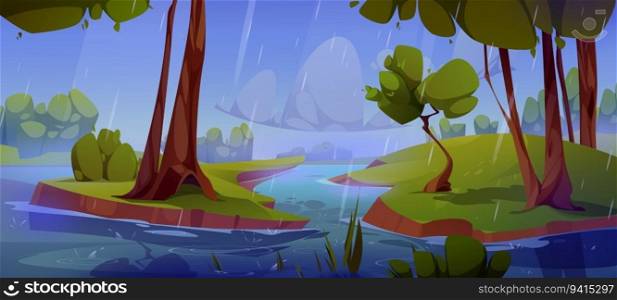 Rainy weather in summer valley with river flowing between green banks. Vector cartoon illustration of gloomy natural landscape, rainfall pouring from dull cloudy sky, wet grass and trees, spring flood. Rainy weather in summer valley with river