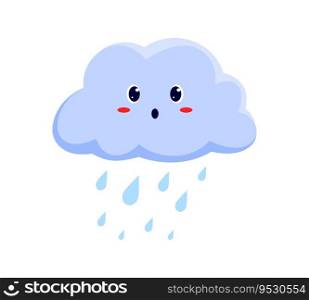 Rainy weather sign, cloud with falling rain drops, funny cartoon character weather forecast personage. Vector nasty heavy rain, cute emoticon. Cloud with falling rain drops, cartoon character