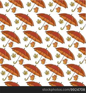 Rainy weather, umbrella for protection against downpour seamless pattern. Autumn season, maple leaves and waterproof accessory. Fall seasonal print, parasol with handle, vector in flat style. Umbrella and maple leaf, rainy weather seamless pattern