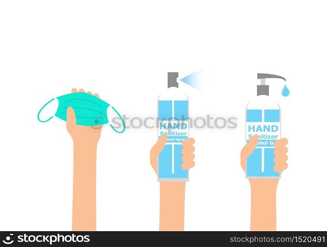Raise the hand holding the mask and hand sanitizer isolate on a white background.Vector illustration.