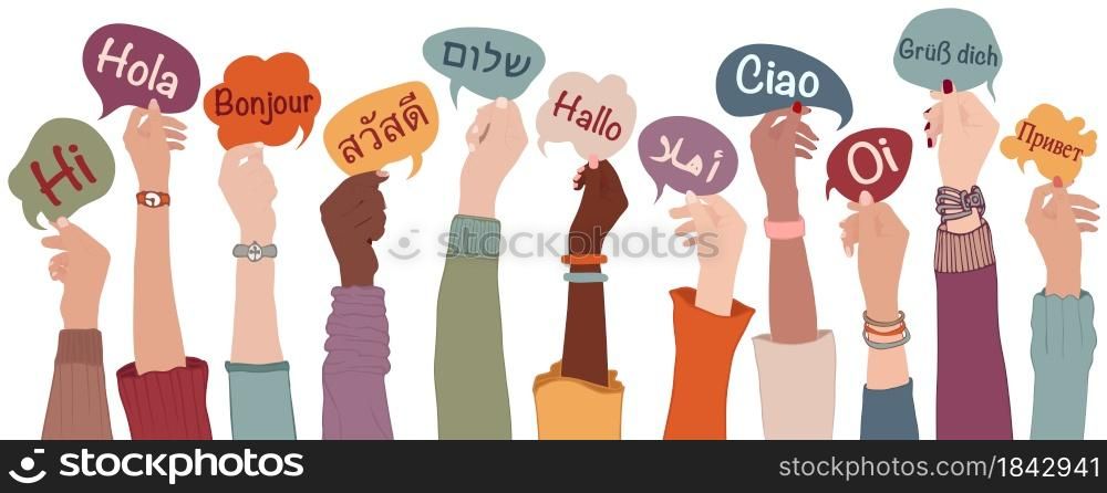 Raised arms and hands of multiethnic people from different nation country and continents holding speech bubbles with text -hallo- in various international languages.Communication.Equality