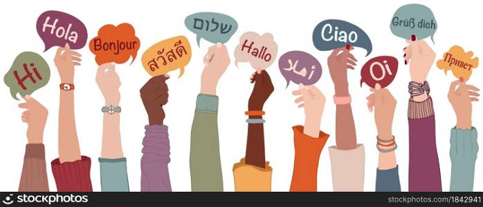 Raised arms and hands of multiethnic people from different nation country and continents holding speech bubbles with text -hallo- in various international languages.Communication.Equality