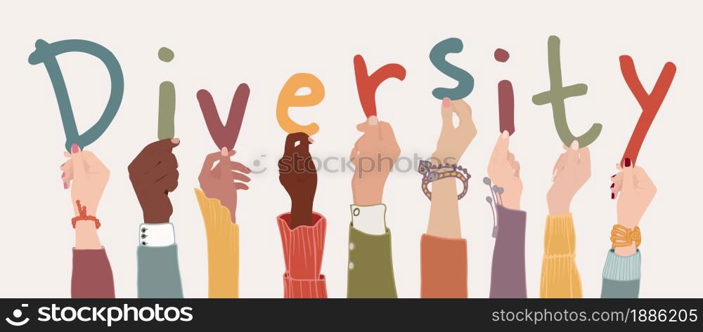 Raised arms of a group of diverse multi-ethnic multicultural people holding the letters forming the word -Diversity- in their hands. Racial equality concept. Variety of people. Banner