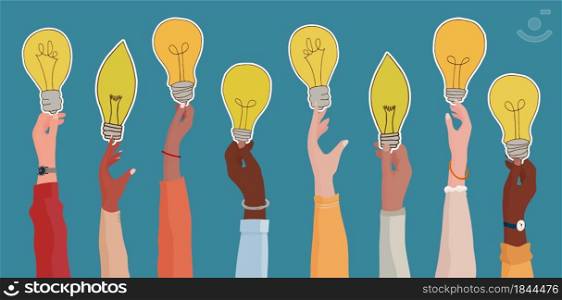 Raised arms of diverse and multi-ethnic business people holding a light bulb shaped label as a concept of innovation or startup or collaboration or financial investment.Community concept