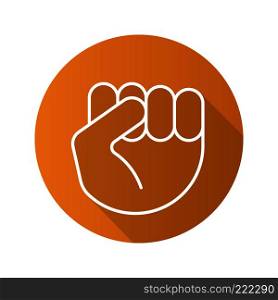 Raised fist gesture. Flat linear long shadow icon. Squeezed hand. Vector line symbol. Raised fist gesture. Flat linear long shadow icon