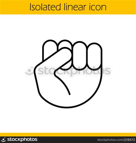 Raised fist gesture linear icon. Thin line illustration. Squeezed hand. Contour symbol. Vector isolated outline drawing. Raised fist gesture linear icon