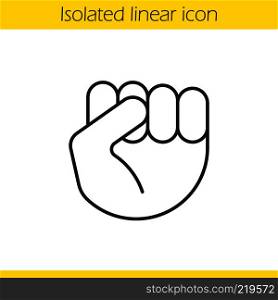 Raised fist gesture linear icon. Thin line illustration. Squeezed hand. Contour symbol. Vector isolated outline drawing. Raised fist gesture linear icon