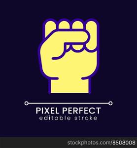 Raised fist pixel perfect RGB color icon for dark theme. Gesture of protest. Political solidarity. Simple filled line drawing on night mode background. Editable stroke. Poppins font used. Raised fist pixel perfect RGB color icon for dark theme