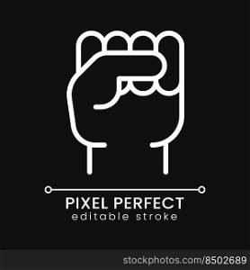 Raised fist pixel perfect white linear icon for dark theme. Gesture of protest and resistance. Thin line illustration. Isolated symbol for night mode. Editable stroke. Poppins font used. Raised fist pixel perfect white linear icon for dark theme