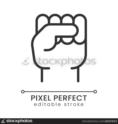 Raised fist yellow pixel perfect linear icon. Gesture of resistance. Political solidarity. Thin line illustration. Contour symbol. Vector outline drawing. Editable stroke. Poppins font used. Raised fist yellow pixel perfect linear icon