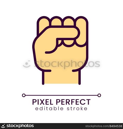 Raised fist yellow pixel perfect RGB color icon. Gesture of protest and resistance. Political solidarity. Isolated vector illustration. Simple filled line drawing. Editable stroke. Poppins font used. Raised fist yellow pixel perfect RGB color icon