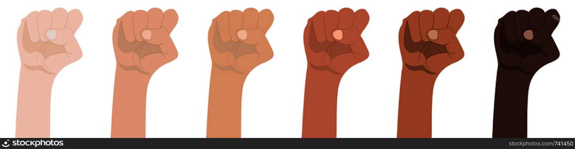 Raised Fists isolated on white background. Symbol of Unity, Revolution, Protest, Cooperation and Solidarity. Race Equality. Vector Illustration.