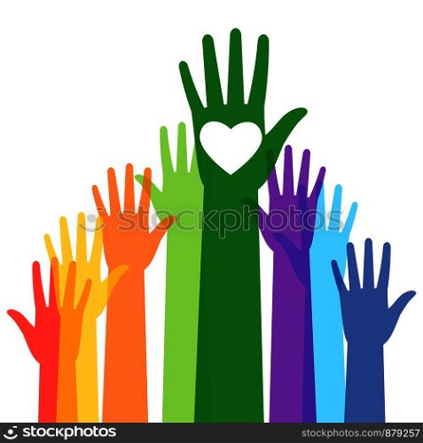 Raised hand silhouettes, people colorful voting isolated on white background, vector illustration. People colorful voting raised hand