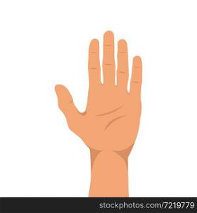 Raised hand. The palm of a white-skinned man. Flat style. Vector illustration