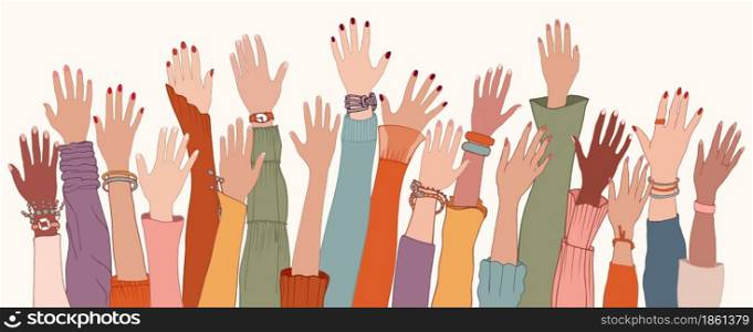 Raised hands and arms of multi-ethnic international multicultural women. Anti-racism racial equality concept. Allyship and sisterhood. Feminism. Women's community cooperation. Women's day
