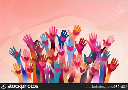 Raised hands of volunteer people holding a heart. People diversity. Charitable donation. Support and assistance. Multicultural community. NGO. Aid. Help. Volunteerism. Teamwork. Banner