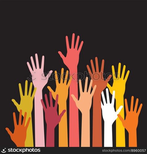 Raised hands on black background vector image