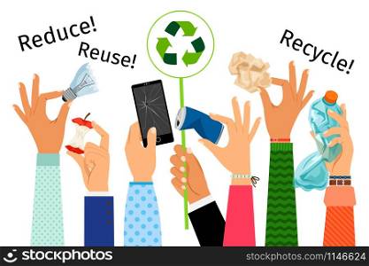Raised hands with trash and recycle sign, vector illustration. Hands with trash and recycle sign