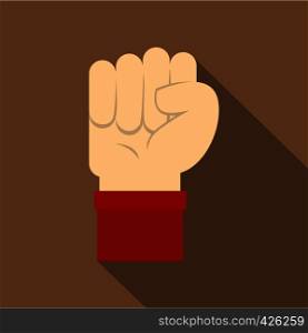 Raised up clenched male fist icon. Flat illustration of raised up clenched male fist vector icon for web isolated on coffee background. Raised up clenched male fist icon, flat style