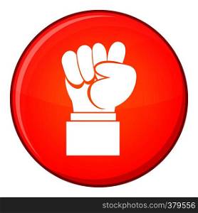 Raised up clenched male fist icon in red circle isolated on white background vector illustration. Raised up clenched male fist icon, flat style