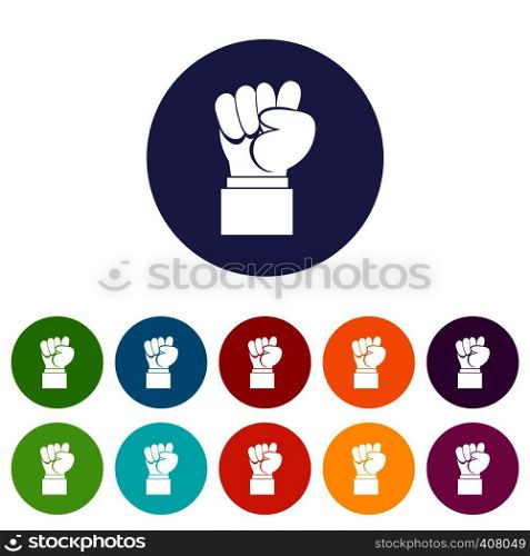 Raised up clenched male fist set icons in different colors isolated on white background. Raised up clenched male fist set icons
