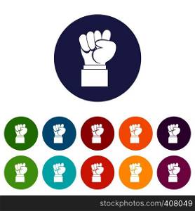 Raised up clenched male fist set icons in different colors isolated on white background. Raised up clenched male fist set icons
