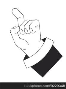Raised up hand with index finger ready to touch bw vector spot illustration. 2D cartoon flat line monochromatic first view hand on white for web UI design. Editable isolated outline hero image. Raised up hand with index finger ready to touch bw vector spot illustration