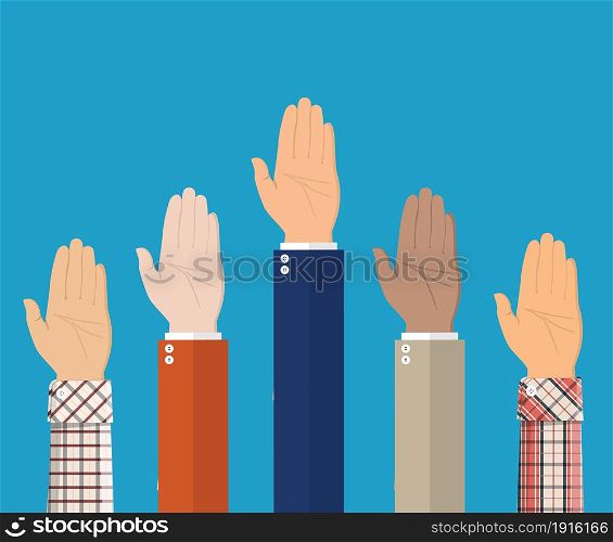 Raised up hands. People vote hands. Volunteering and election concept. Vector illustration in flat style. Raised up hands. People vote hands.