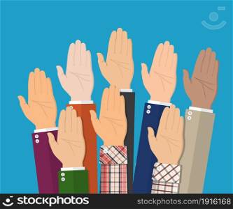 Raised up hands. People vote hands. Volunteering and election concept. Vector illustration in flat style. Raised up hands. People vote hands.