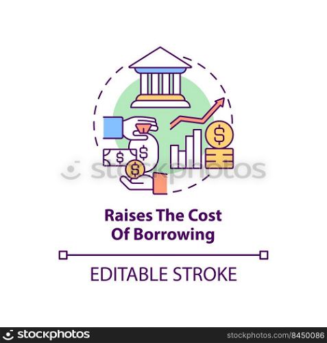 Raises cost of borrowing concept icon. High interest rate. Effect of inflation abstract idea thin line illustration. Isolated outline drawing. Editable stroke. Arial, Myriad Pro-Bold fonts used. Raises cost of borrowing concept icon