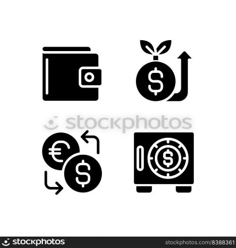 Raising and saving money black glyph icons set on white space. Traditional wallet. Fundraising event. Currency exchange. Safe. Silhouette symbols. Solid pictogram pack. Vector isolated illustration. Raising and saving money black glyph icons set on white space