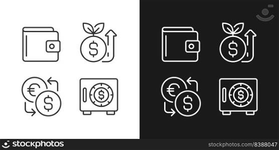Raising and saving money pixel perfect linear icons set for dark, light mode. Traditional wallet. Fundraising event. Thin line symbols for night, day theme. Isolated illustrations. Editable stroke. Raising and saving money pixel perfect linear icons set for dark, light mode