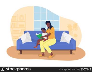Raising bookworm kid 2D vector isolated illustration. Mother reading book to male child flat characters on cartoon background. Spending time together. Cognitive skills development colourful scene. Raising bookworm kid 2D vector isolated illustration