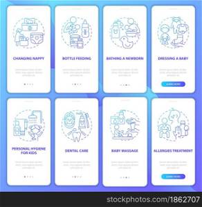 Raising child blue gradient onboarding mobile app page screen set. Health care walkthrough 4 steps graphic instructions with concepts. UI, UX, GUI vector template with linear color illustrations. Raising child blue gradient onboarding mobile app page screen set
