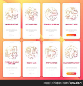 Raising child red gradient onboarding mobile app page screen set. Health care walkthrough 4 steps graphic instructions with concepts. UI, UX, GUI vector template with linear color illustrations. Raising child red gradient onboarding mobile app page screen set